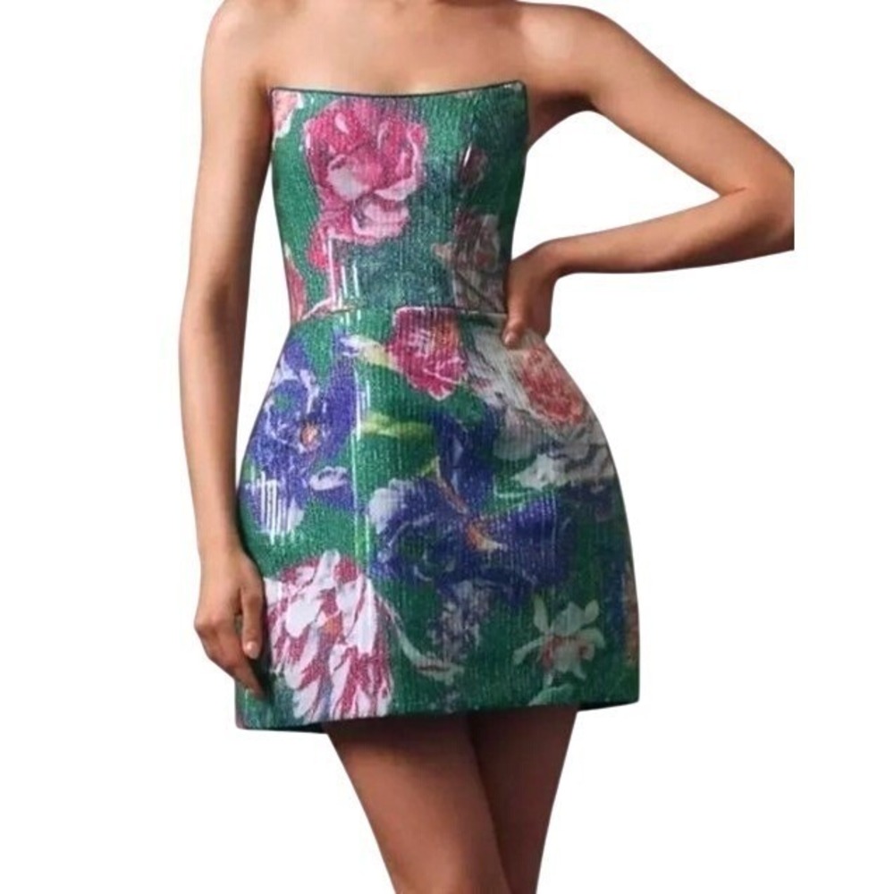 Dress The Population Womens Size Large Green Floral Sequin Strapless Mini Dress
